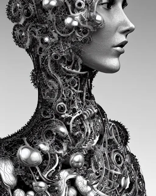 Image similar to mythical dreamy black and white organic bio - mechanical spinal ribbed profile face portrait detail of translucent steampunk beautiful female angelic - human - queen - vegetal - cyborg, highly detailed, intricate crystal ivy jelly ornate, poetic, translucent roses ornate, 3 d render, digital art, octane render, 8 k artistic photography, photo - realistic, by dora maar