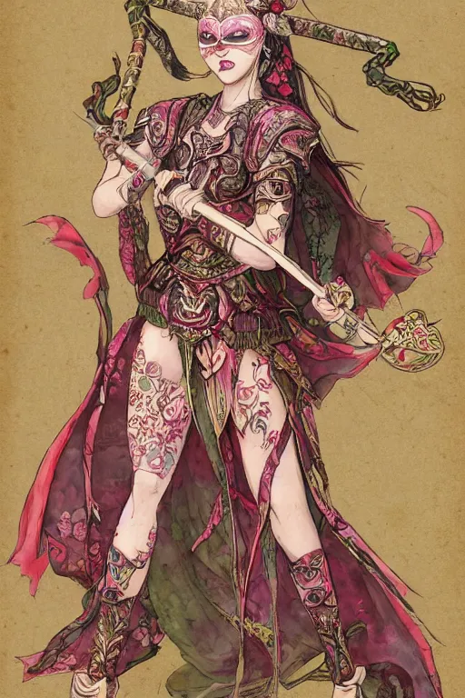 Image similar to full - bodied portrait, female changeling in rose - patterned eastern light armor, wielding a decorated halberd, barefoot in sandals, wearing noh theatre mask, mischievous, seductive, realistic proportions, reasonable fantasy, colorful and detailed, ghostblade, wlop.