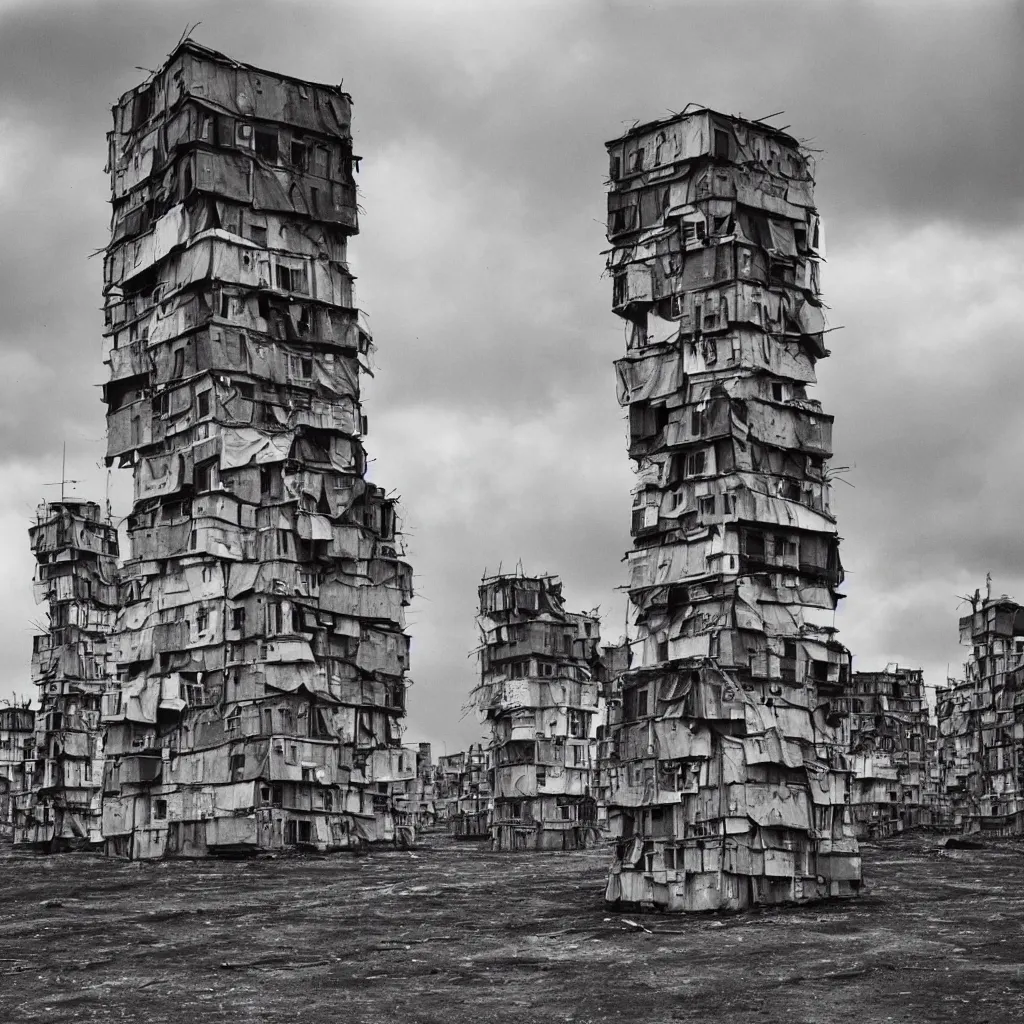 Prompt: close - up view of a tower made up of colourful makeshift squatter shacks, bleached colours, moody cloudy sky, dystopia, mamiya, f 1. 8, very detailed, photographed by bruno barbey and man ray