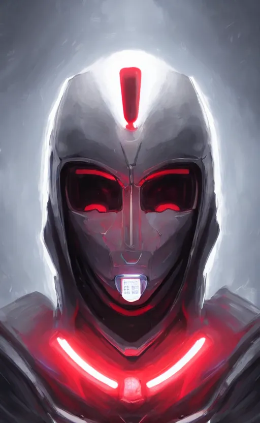 Image similar to face portrait of a robot in an all white hood and robe, with red glowing eyes, dynamic lighting, fantasy concept art, trending on art station, stunning visuals, creative, cinematic, ultra detailed