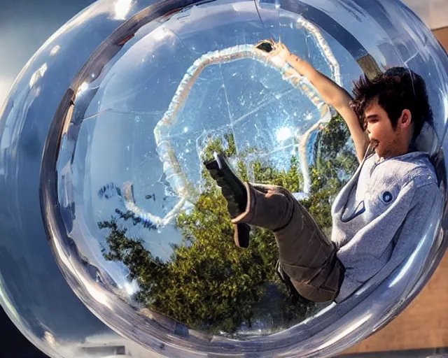 Image similar to filthy gamer floating gently down from the sky in a plastic wrapped bubble. aerial footage. he is wearing a gameboy on his hands.