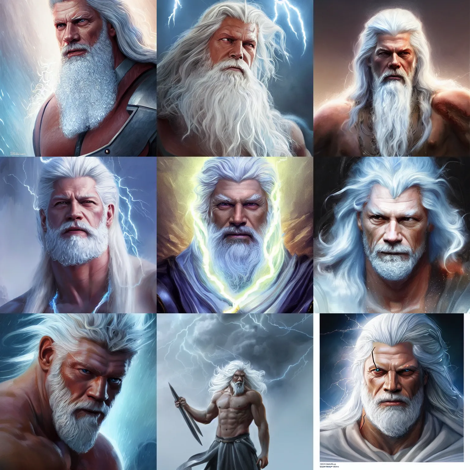 Image similar to zeus, god of thunder, stephen lang, long white hair turning to lightning, lightning, D&D, fantasy, highly detailed, digital painting, trending on artstation, concept art, sharp focus, illustration, art by artgerm and greg rutkowski and magali villeneuve