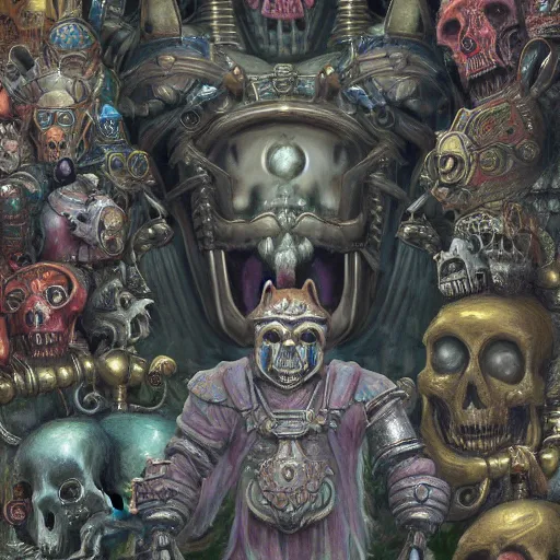 Image similar to anthropomorphic shiba inu, bismuth metal armor, anthropomorphic shiba inu, standing, cementary of skulls, fantasy 3 d render, masterpiece, red aura, by donato giancola and greg rutkowski and wayne barlow and zdzisław beksinski, realistic face