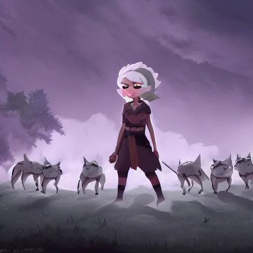 Image similar to of eurielle in a epic cinematic scene surrounded by wolves digital art in the style of greg retowski