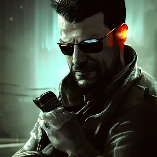 Image similar to bald Max Payne as Adam Jensen in Deus Ex, by Cedric Peyravernay, highly detailed, excellent composition, cinematic concept art, dramatic lighting, trending on ArtStation