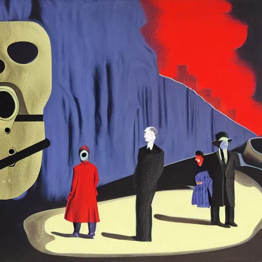 Image similar to painting of hollywood babylon, twin peaks, blue velvet, mulholland drive, gas mask, by paula rego, by magritte