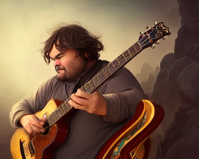 Image similar to photography of jack black with a guitar singing 8 k, deep focus, d & d, fantasy, intricate, elegant, highly detailed, digital painting, artstation, concept art, matte, sharp focus, illustration, hearthstone, art by artgerm and greg rutkowski and alphonse mucha