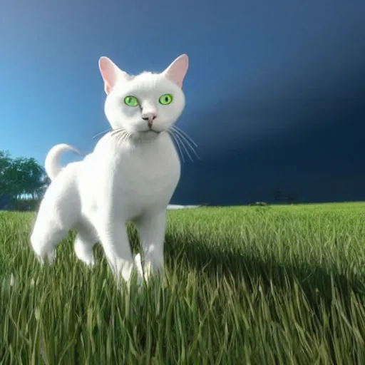 Prompt: a white cat with green eyes standing in a field, unreal engine, detailed