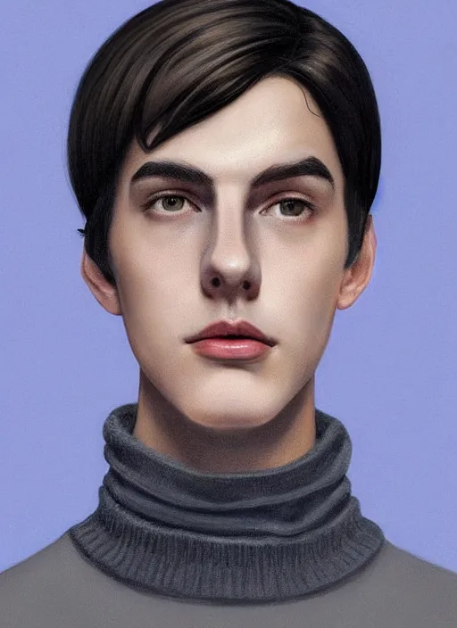 Image similar to portrait of teenage jughead jones wearing a light grey crown, crown, blue turtleneck, 1 9 5 0 s, closed eyes, photorealistic, black hair, glowing lighting, intricate, elegant, glowing lights, highly detailed, digital painting, artstation, concept art, smooth, sharp focus, illustration, art by wlop, mars ravelo and greg rutkowski