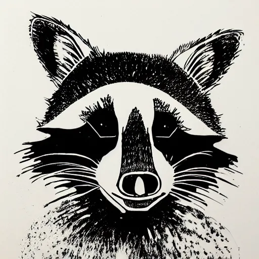 Image similar to raccoon, happy, block print, simple stylized, black ink on white paper