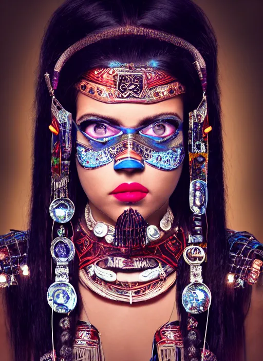 Prompt: photo shoot pose photo of beautiful aztec ancient princess standing in the corridor in the sacred temple, symmetrical face, big eyes and lips, looking down, subtle makeup, clean face and body skin,ecstatic expression, ornamental jewelry and ancient translucent clothes, futuristic space ship interrior, wires with lights,depth of field, lens flares, dust in the air, moody lighting, intricate, elegant, highly detailed, centered, smooth, sharp focus, Donato Giancola, Joseph Christian Leyendecker, WLOP, Boris Vallejo, Artgerm moody photography, old photo, black and white, sepia, cinematic lighting, cinematic angle, editorial photography