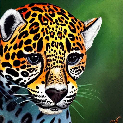 Image similar to painting of a jaguar in the wilderness, realistic, digital art