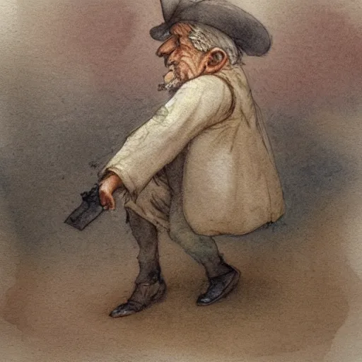 Image similar to a muted color watercolor sketch of a old man little person dancing from story book character ifrom the book Baltimore & Redingote by Jean-Baptiste Monge of an old man in the style of by Jean-Baptiste Monge that looks like its by Jean-Baptiste Monge and refencing Jean-Baptiste Monge