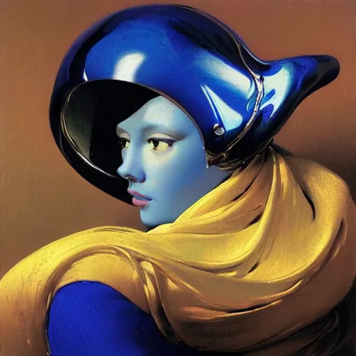 Image similar to a chrome woman's face in flowing sheets of cobalt blue gold chrome silver satin, by moebius syd mead roger dean wojciech siudmak donato giancola yoshitaka amano ivan aivazovsky jan de heem pieter claesz paul delaroche alma tadema aelbert cuyp willem claesz, hyperrealistic volumetric light render