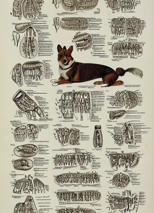 Image similar to vintage medical anatomical illustration of a corgi ( 1 9 8 4 ), highly detailed, labels, intricate writing