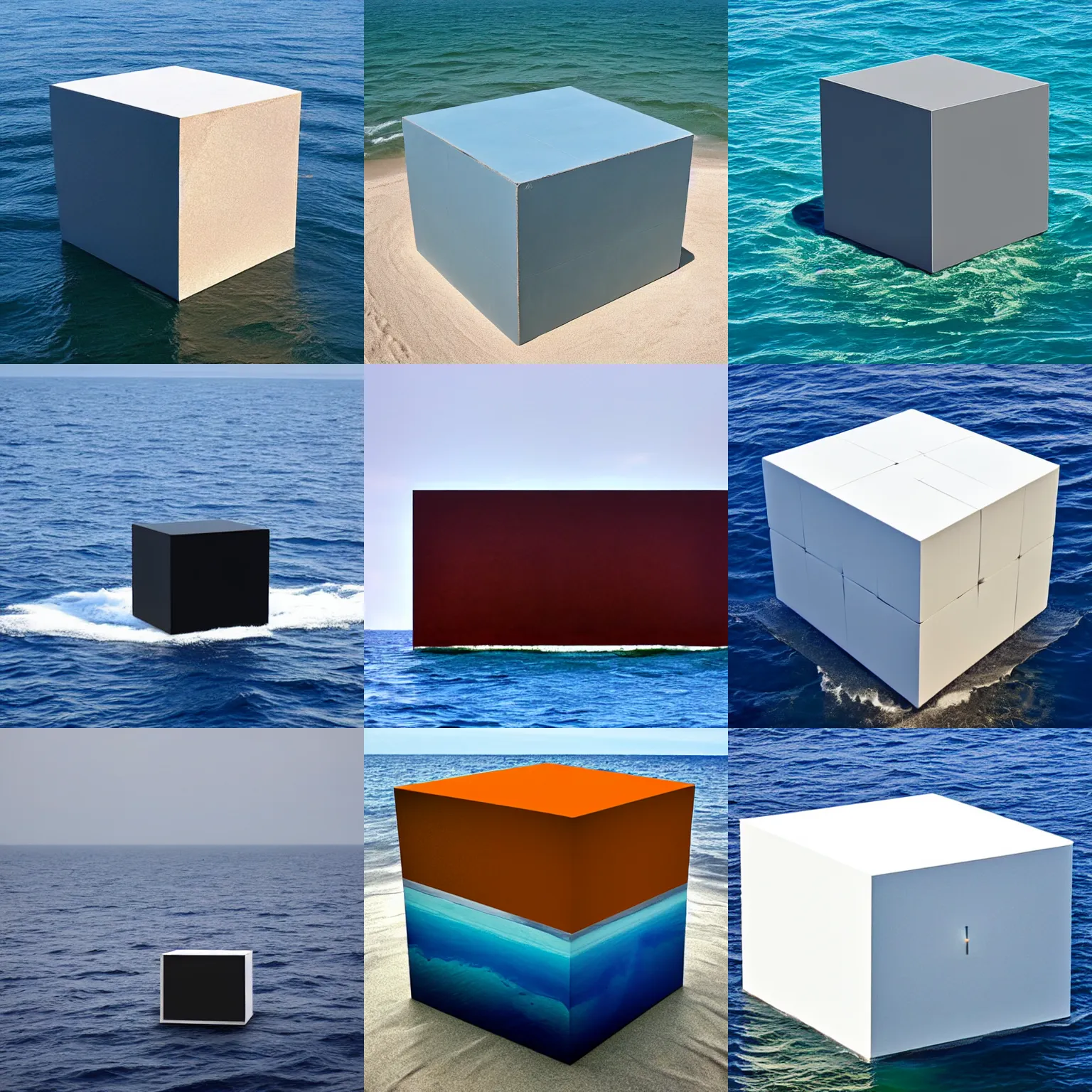 Image similar to a cube in the middle of the sea in the style of richard serra