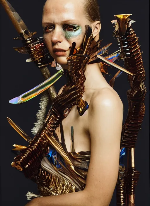 Image similar to a woman with iridescent skin, pirate weapons, by van herpen, iris