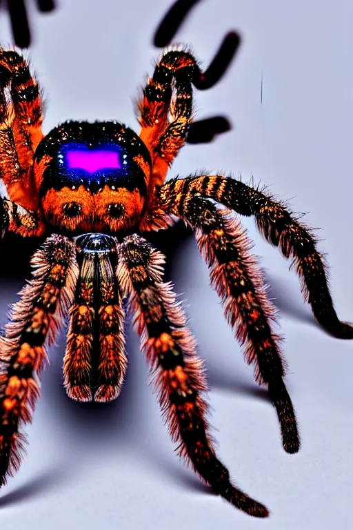 Prompt: high quality close-up photo gothic holographic tarantula! jewelled gorgeous! highly detailed david ligare elson peter cinematic purple neon lighting high quality low angle hd 8k sharp shallow depth of field