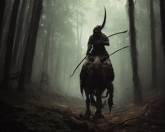 Image similar to 5 5 mm portrait photo of a dragon rider, in a magical forest. dark atmosphere. art by greg rutkowski. highly detailed 8 k. intricate. lifelike. soft light. nikon d 8 5 0.