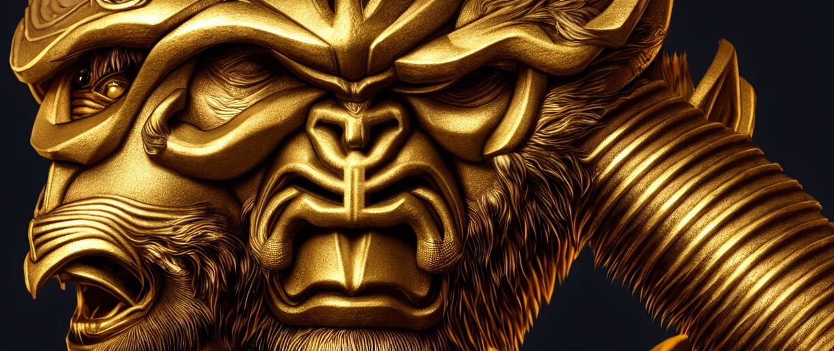 Image similar to hyperrealistic highly detailed bust portrait of an art deco sun wukong with iridescent armor sharp concept art wayne barlowe cinematic lighting 8k low angle shallow depth of field