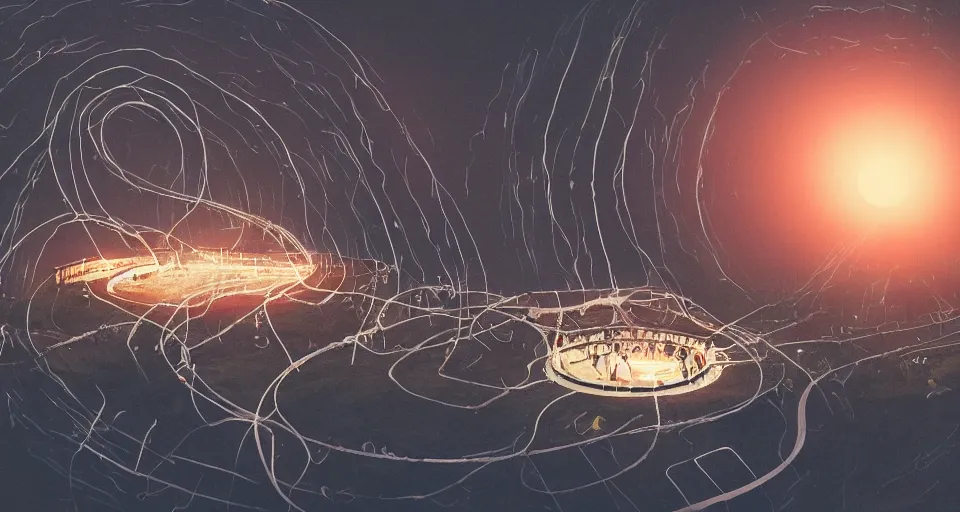 Image similar to miniature installation, macro photography, night, a lot of people and a spiral - shaped white luminous attractor is floating in grand canyon, concept art, art for the game, professional lighting, art