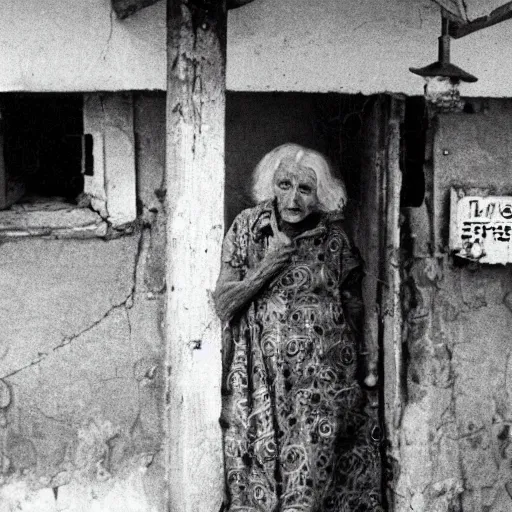 Prompt: portrait of scarry old granny filmed om security camera, village 1976, bw, high detailed, horror