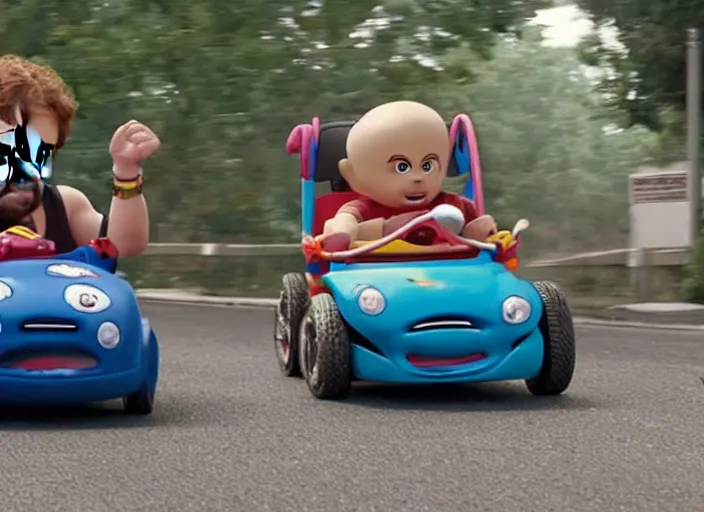 Image similar to peter dinklage racing vin diesel driving a little tikes cozy coupe, movie still, from the new gone in 6 0 seconds movie, 8 k, realistic