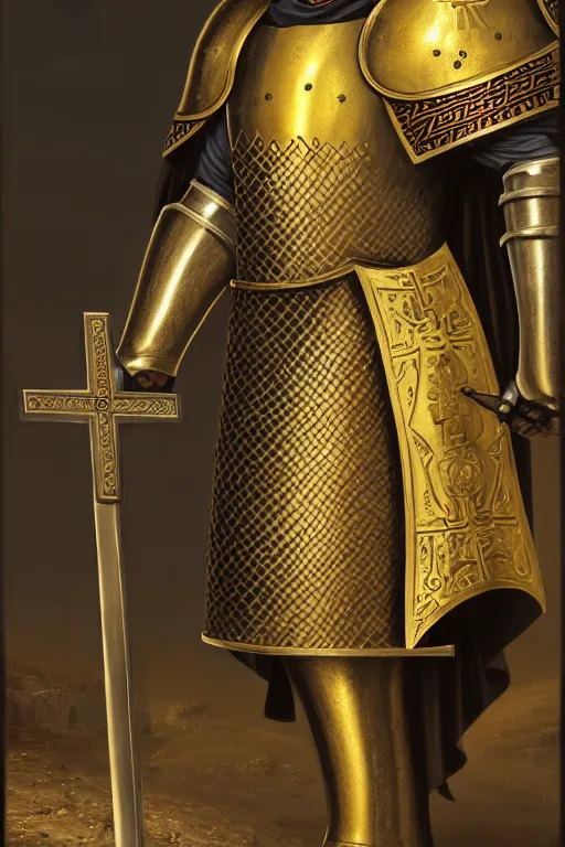 Image similar to man looking forward in iron decorated with gold baroque style christian crusader armor, cylindrical helmet covering all his head decorated with golden cross on front it's front and white cape covering most of his body standing at the gates of jerusalem drawn by greg rutkowski realistic high detail