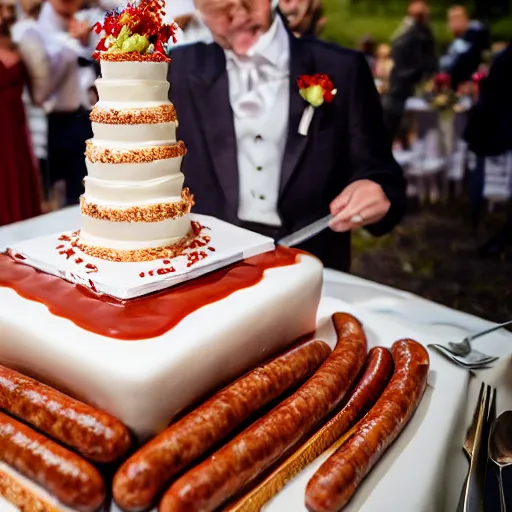 Image similar to a wedding cake made entirely out of meat and sausages with ketchup sauce. During wedding. Highly detailed 8k