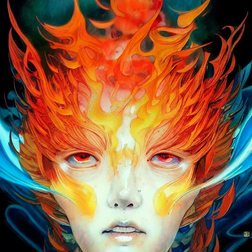 Image similar to prompt : flames portrait soft light painted by james jean and katsuhiro otomo and erik jones, inspired by evangeleon anime, smooth face feature, intricate oil painting, high detail illustration, sharp high detail, manga and anime 1 9 9 9