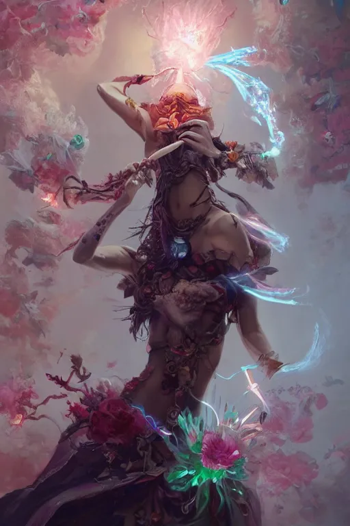 Image similar to beautiful girl necromancer, witch - doctor exploding into flowers, angels, 3 d render, hyper - realistic detailed portrait, ornaments in background, holding electricity and birds, ruan jia, wlop. scifi, fantasy, hyper detailed, octane render, concept art, peter mohrbacher