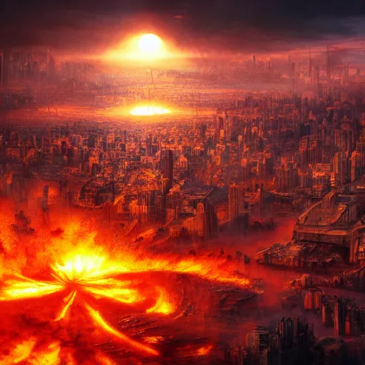 Prompt: a city is scorched by the sun, apocalypse, chaos, giant sun, flames, chaotic atmosphere, epic fantasy art, trending on artstation, trending on deviantart, high detail, high definiton, ultra realistic, hyper realistic, photo realistic, 4 k uhd,