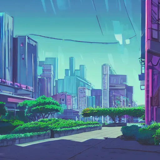 Image similar to realistic synthwave urban grunge cityscape, studio ghibli style