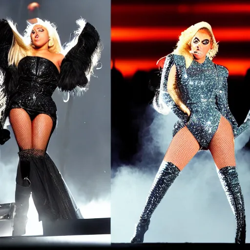Prompt: Lady gaga and beyonce giving a concert, EOS 5D, ISO100, f/8, 1/125, 84mm, RAW Dual Pixel, Dolby Vision, HDR, AP, Featured