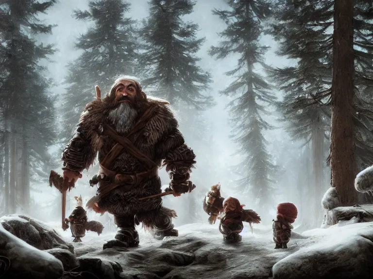 Prompt: Heroic Dwarf woodsmen treading forest with their Companion Raven, RPG Scene, Oil Painting, Trending on Artstation, octane render, Insanely Detailed, 8k, HD