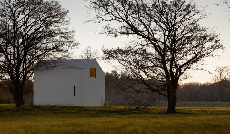 Prompt: A serene landscape with a singular building in the style of Arri Alexa Cooke 25mm