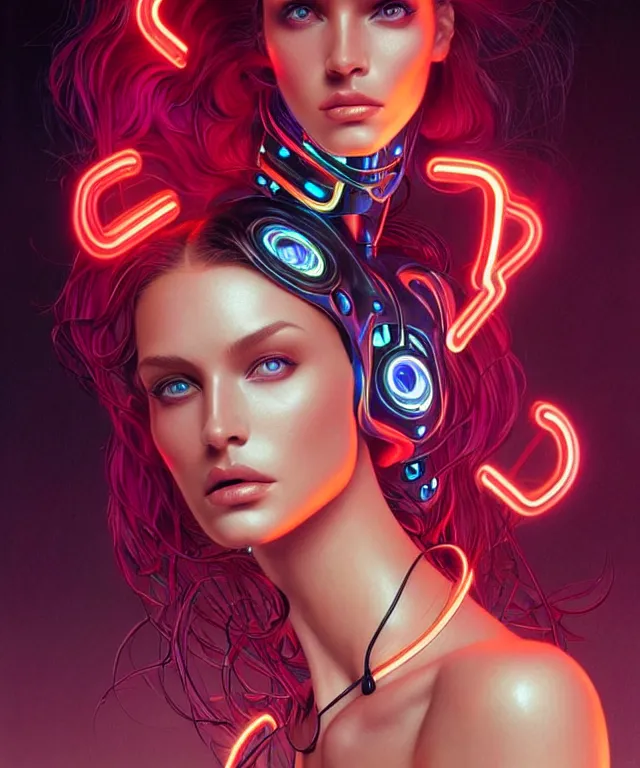 Image similar to Supermodel woman turning into an Android portrait, dark surrealism , scifi, intricate, elegant, sharp eyebrows, dark hair, highly detailed cybernetic body, neon glowing eyes, digital painting, artstation, concept art, smooth, sharp focus, illustration, art by artgerm and moebius and alphonse mucha