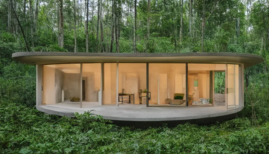 Image similar to A wide image of a full innovative contemporary 3D printed prefab sea ranch style cabin with rounded corners and angles, beveled edges, made of cement and concrete, organic architecture, in a lush green forest Designed by Gucci, Balenciaga, and Wes Anderson, golden hour