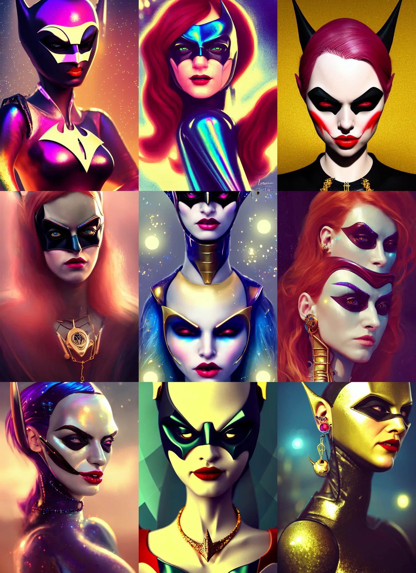 Prompt: disney 8 k photo, beautiful shiny sweaty porcelain rich grand iridescent emo edc batwoman clowncore cyborg college woman, bling earrings, golden ratio details, sci fi, fantasy, cyberpunk, intricate, decadent, highly detailed, digital painting, octane render, artstation, concept art, smooth, sharp focus, illustration, art by loish, wlop