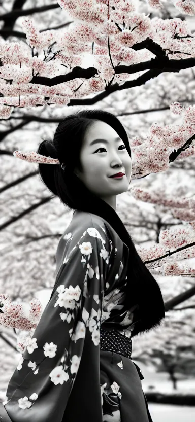 Image similar to “ a portrait photo of a young asian woman with fox ears wearing kimono at a sakura tree, side shot, by shunji dodo, 8 k resolution, black and white photo, high quality ”