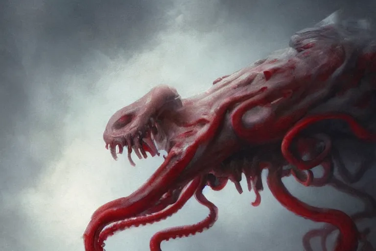 Image similar to painting by greg rutkowski of a flying human head and face that is chalk white in color, with tentacles coming of the neck, red eyes, flying in a terrying hell like cavernous place