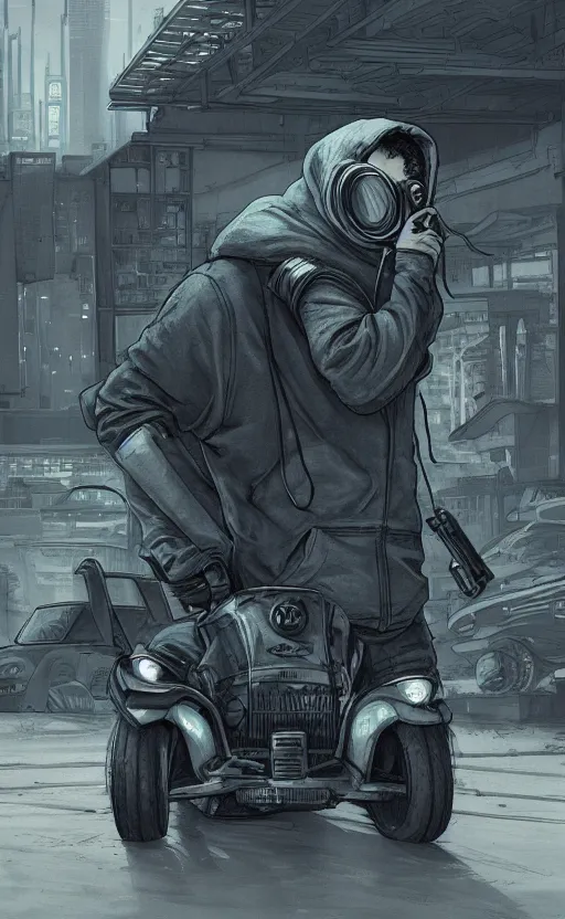 Image similar to wolf gang, cyberpunk, gray hoodie, group photo, old car, abandoned warehouse, weapon, drugs, flex position, grey bandana, gasmask, non fiction stability, intricate, elegant, 8 k, uhd, justify, artstation, concept art, matte, sharp focus, illustration, consistent, highly detailed object content, proportional object content