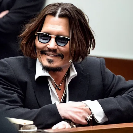 Prompt: Johnny Depp happy in courtroom , ultra Realistic 8k