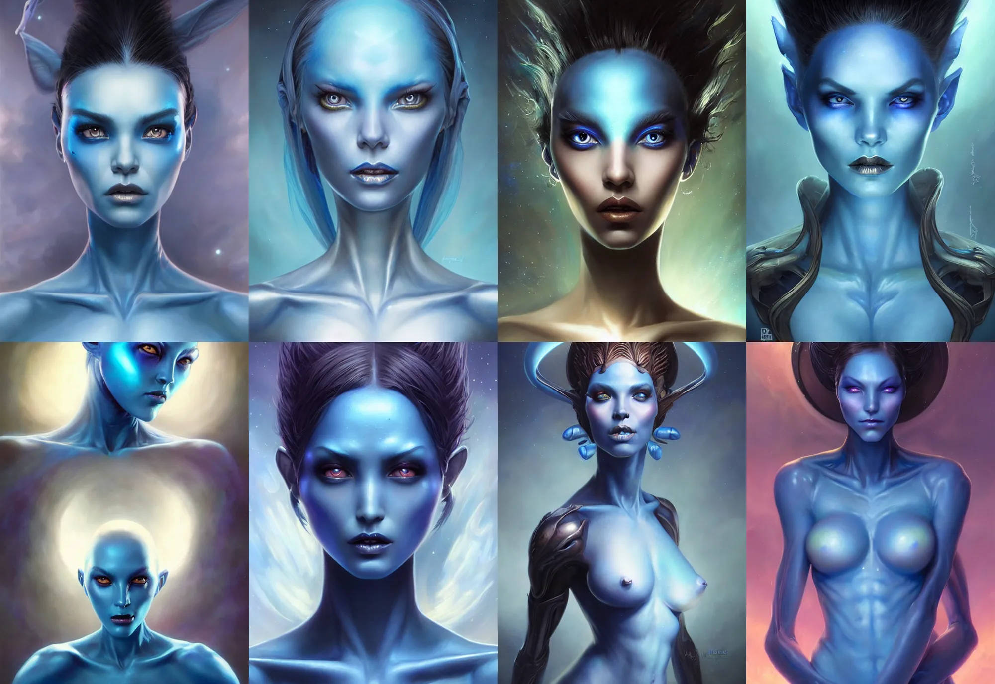 Prompt: a beautiful alien woman with blue skin, painted by artgerm and tom bagshaw, fantasy art, dramatic lighting, highly detailed oil painting