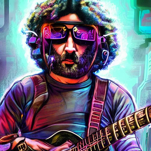 Image similar to highly detailed rony abovitz as jerry garcia, cyberpunk, concept art, character art, studio lightning, bright colors, intricate, masterpiece, photorealistic, hyperrealistic, sharp focus, high contrast, Artstation HQ, DeviantArt trending, 8k UHD, Unreal Engine 5