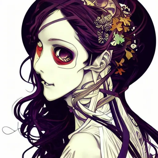 Prompt: anime manga skull portrait woman comic skeleton illustration style by alphonse mucha and artgerm, dramatic lighting, pop art nouveau