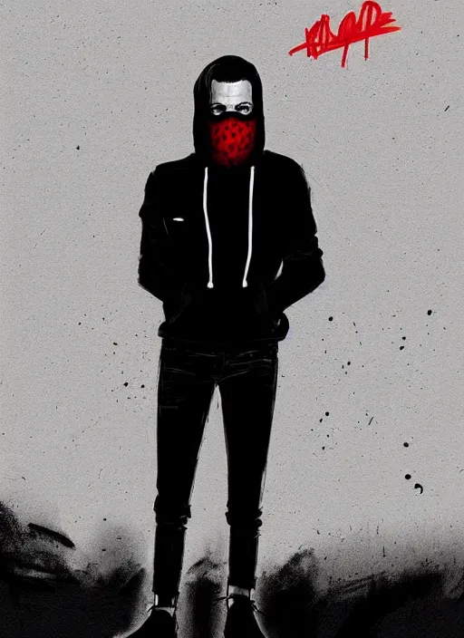 Prompt: highly detailed moody portrait of rami malek, elliot anderson, black hoody by atey ghailan, by greg rutkowski, by greg tocchini, by james gilleard, by joe fenton, by kaethe butcher, gradient red, black and white color scheme, grunge aesthetic!!! ( ( graffiti tag wall background, f society mask ) )