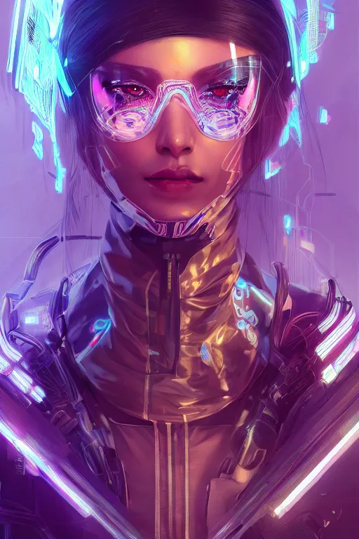 Image similar to portrait futuristic Cyber Ninja Girl, in future cyberpunk, streets of calcutta , sci-fi, fantasy, intricate, very very beautiful, elegant, neon light, highly detailed, digital painting, artstation, concept art, smooth, sharp focus, illustration, art by alphonse mucha and tian zi and WLOP