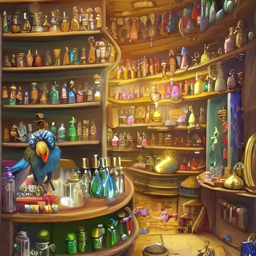 Image similar to Digital art of Anthropomorphized parrot trader in his shop, shelves full, selling a gem, portrait, items, magic potions, carpet, window, fancy funny hat, sly expression , cunning expression, cute expression, presenting magic gem, D&D, fantasy, cinematic lighting, highly detailed, digital painting, artstation, concept art, smooth, sharp focus, illustration, warm light, cozy warm tint, magic the gathering artwork, volumetric lighting, 8k, no gold, no gold colours, art by Akihiko Yoshida and Greg Rutkowski