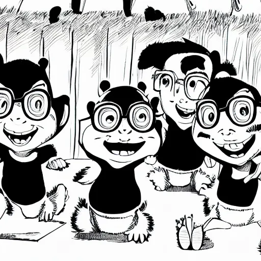 Image similar to black and white illustration of Alvin and the Chipmunks in the style of Junji Ito